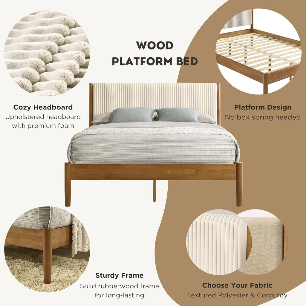 Roundhill Furniture Vichy 5-Piece Rubberwood Bedroom Set with Textured Polyester Upholstered Queen Bed, Chest, Dresser, Mirror, and 2 Nightstands