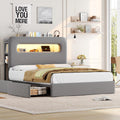 HOSTACK Queen LED Bed Frame with Storage Headboard and Charging Station, Boys Bed Frame with 2 Drawers and USB Ports, Velvet Upholstered Platform Bed Frame with Bookcase, No Box Spring Needed, Grey