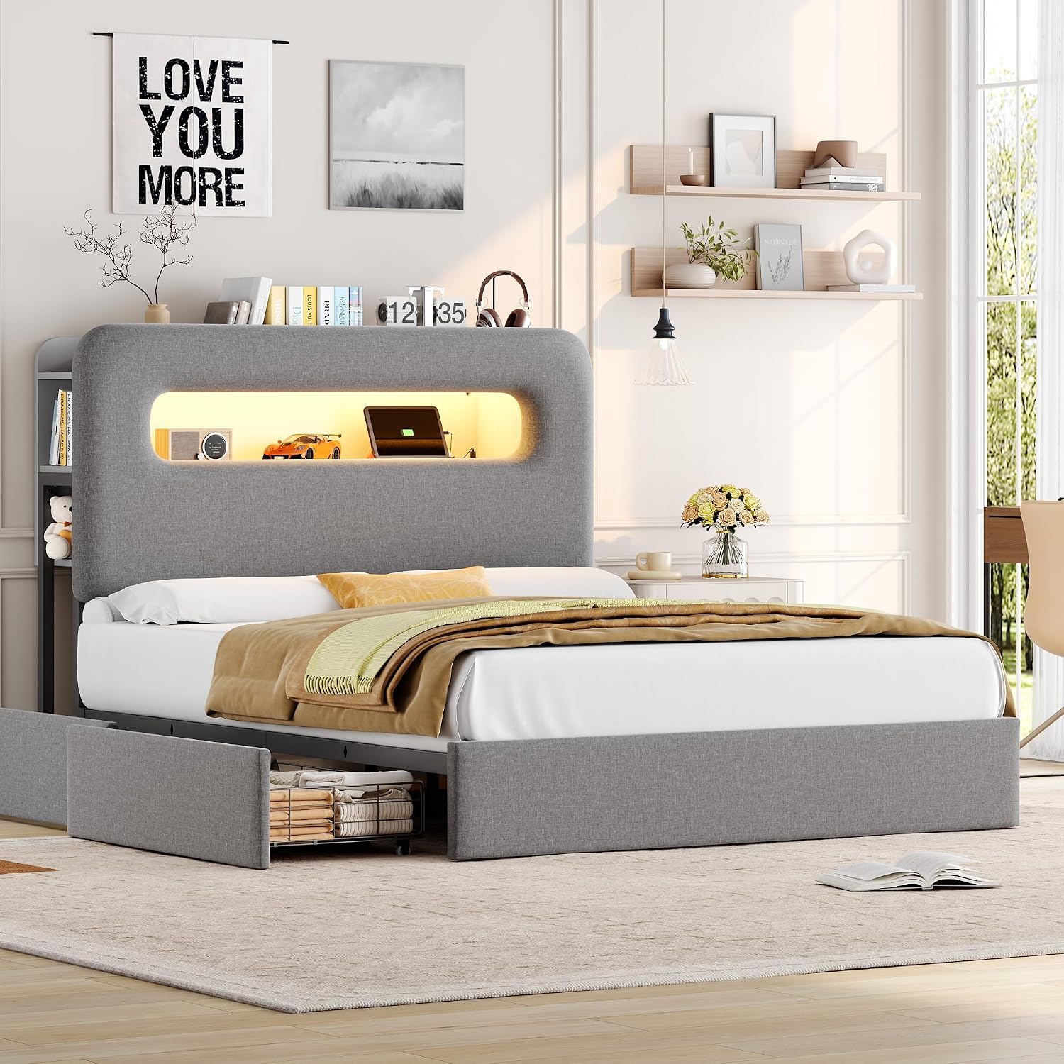 HOSTACK Queen LED Bed Frame with Storage Headboard and Charging Station, Boys Bed Frame with 2 Drawers and USB Ports, Velvet Upholstered Platform Bed Frame with Bookcase, No Box Spring Needed, Grey