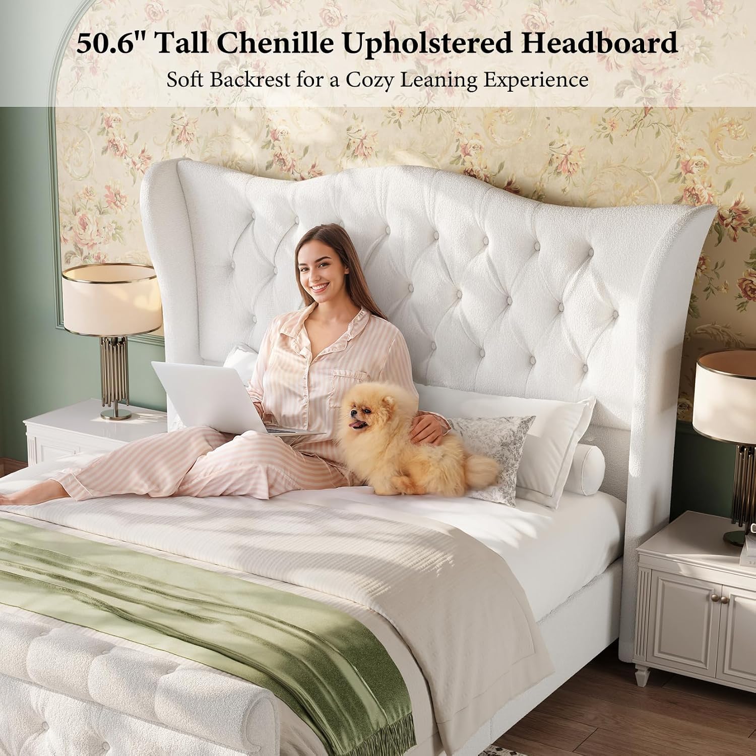 koorlian Queen Bed Frame,Chenille Upholstered Sleigh Bed with Scroll Wingback Headboard & Footboard,Luxury & Soft Button Tufted Queen Size Modern Bed,Easy Assembly,No Box Spring Needed