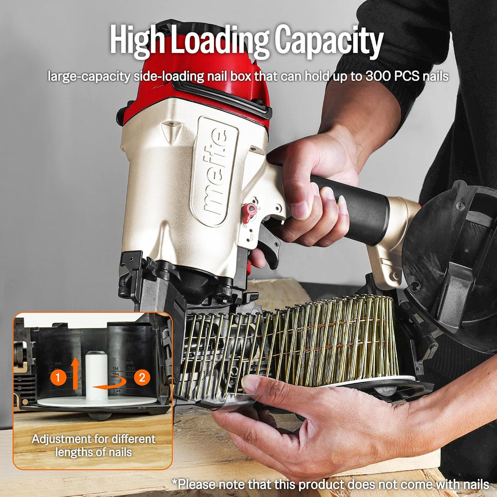 meite CN65 Coil Nailer Pneumatic Nail Gun 15 degree 1-1/2' to 2-1/2' Coil Nails, Heavy Duty Air Coil Nailer with Coil Nail Magazine 300PCS for Hardwood Projects Pallets Framing Sheathing