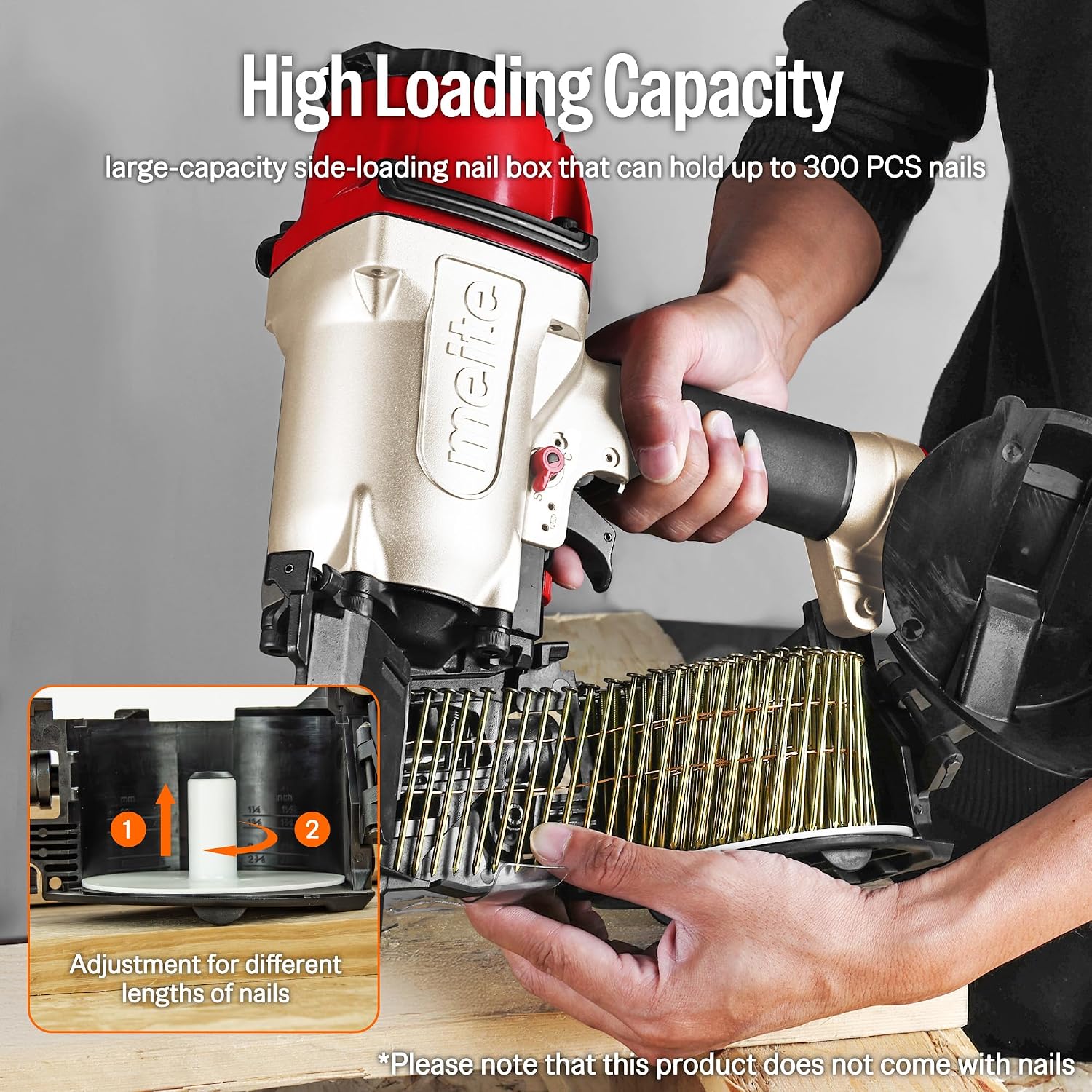 meite CN65 Coil Nailer Pneumatic Nail Gun 15 degree 1-1/2' to 2-1/2' Coil Nails, Heavy Duty Air Coil Nailer with Coil Nail Magazine 300PCS for Hardwood Projects Pallets Framing Sheathing