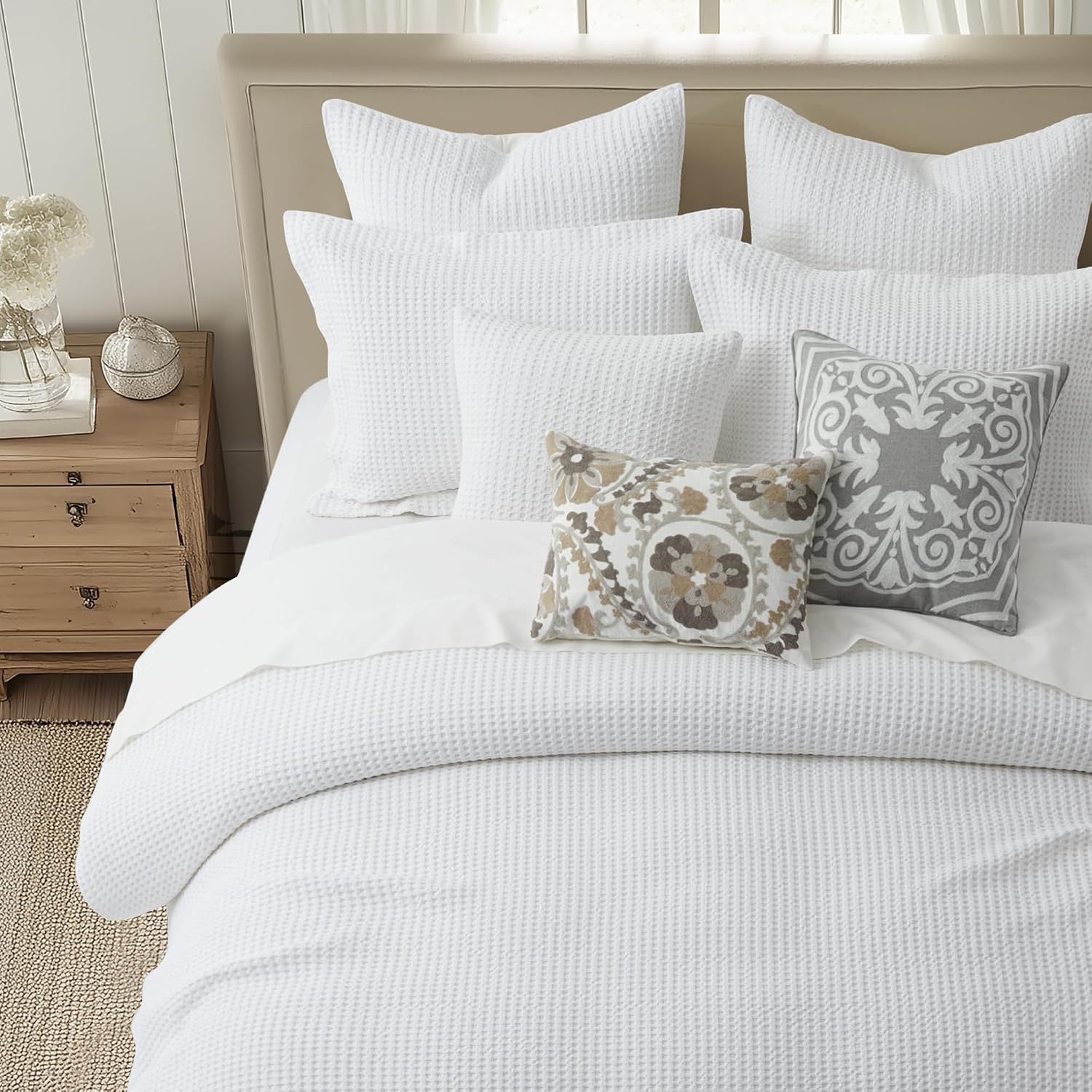 Levtex Home Mills Waffle Queen Duvet Cover Set (90x94in) with 2 Pillow Shams (26x20in) - Bright White - 100% Cotton Queen Size Duvet Cover Set - Soft, Pre-Washed