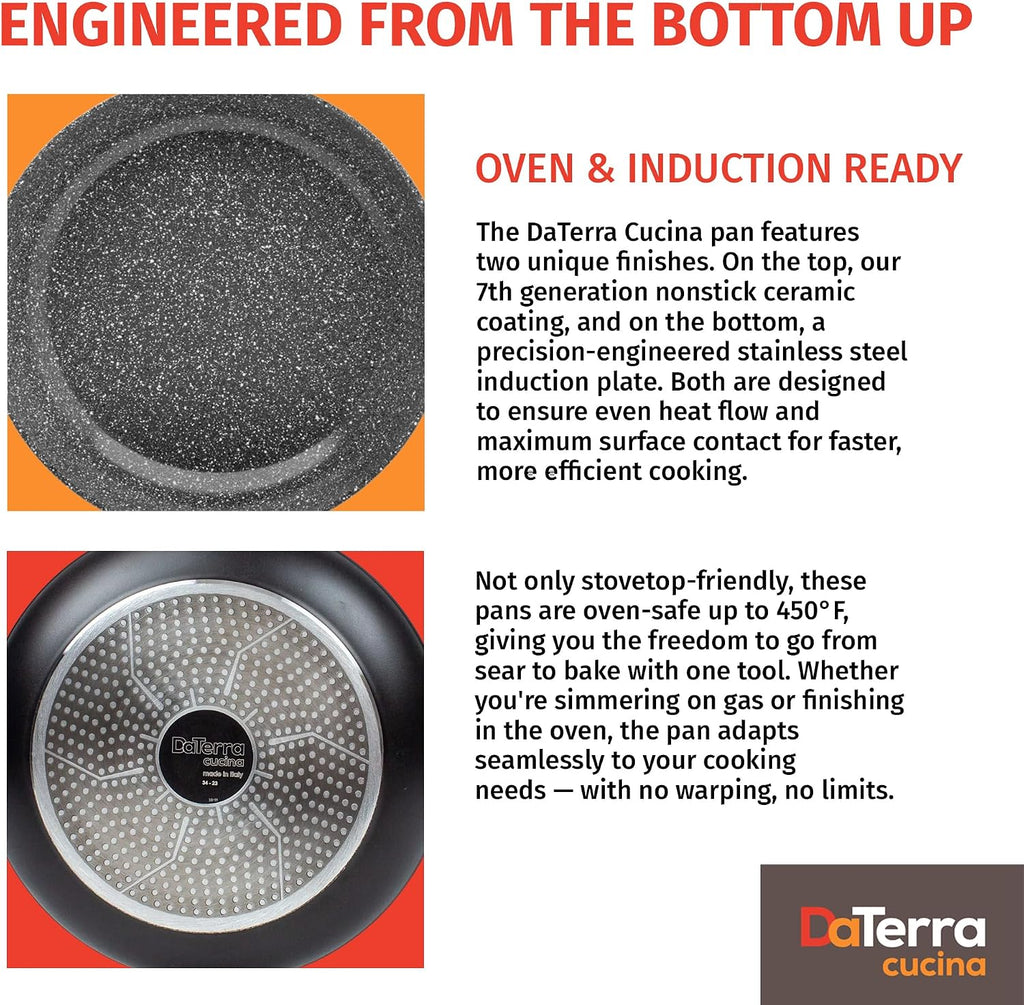 DaTerra Cucina - 13' Nonstick Ceramic Wok with Lid - Made in Italy - High Heat Resistant Nonstick Cookware - Oven & Induction Safe, PTFE, Cadmium, Lead & PFOA free - Volcanic Black Speckled