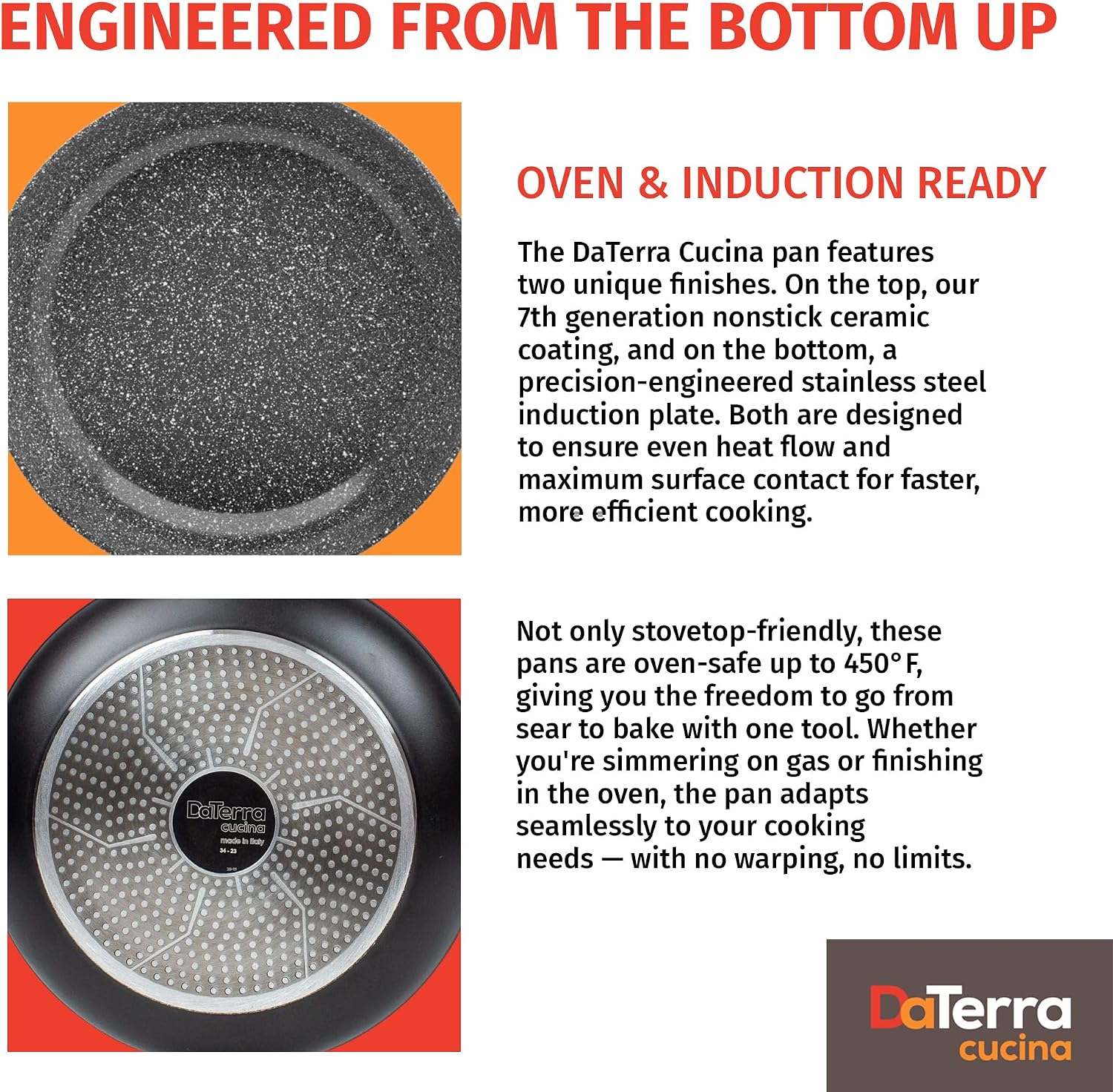 DaTerra Cucina - 13' Nonstick Ceramic Wok with Lid - Made in Italy - High Heat Resistant Nonstick Cookware - Oven & Induction Safe, PTFE, Cadmium, Lead & PFOA free - Volcanic Black Speckled