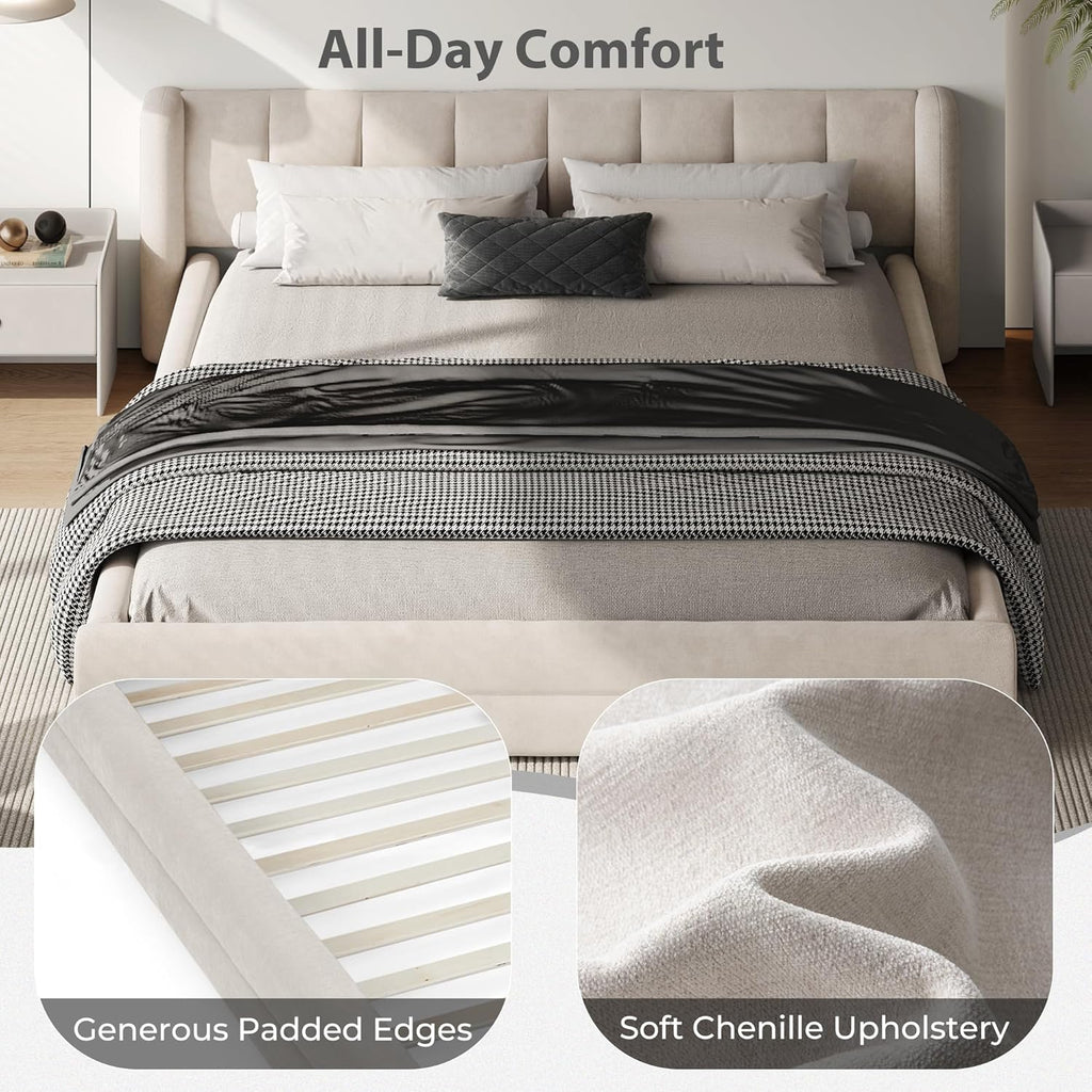 DEINPPA Queen Size Bed Frame with Cloud Soft Headboard, Chenille Upholstered Grounded Wood Base Bed Frame, No Box Spring Needed-Beige