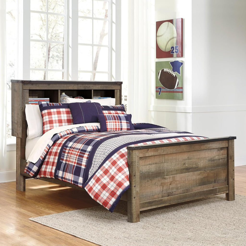 Signature Design by Ashley Trinell Country Rustic Bookcase Panel Bed with Nailhead Accents, Foundation or Box Spring Needed, Full, Dark Brown