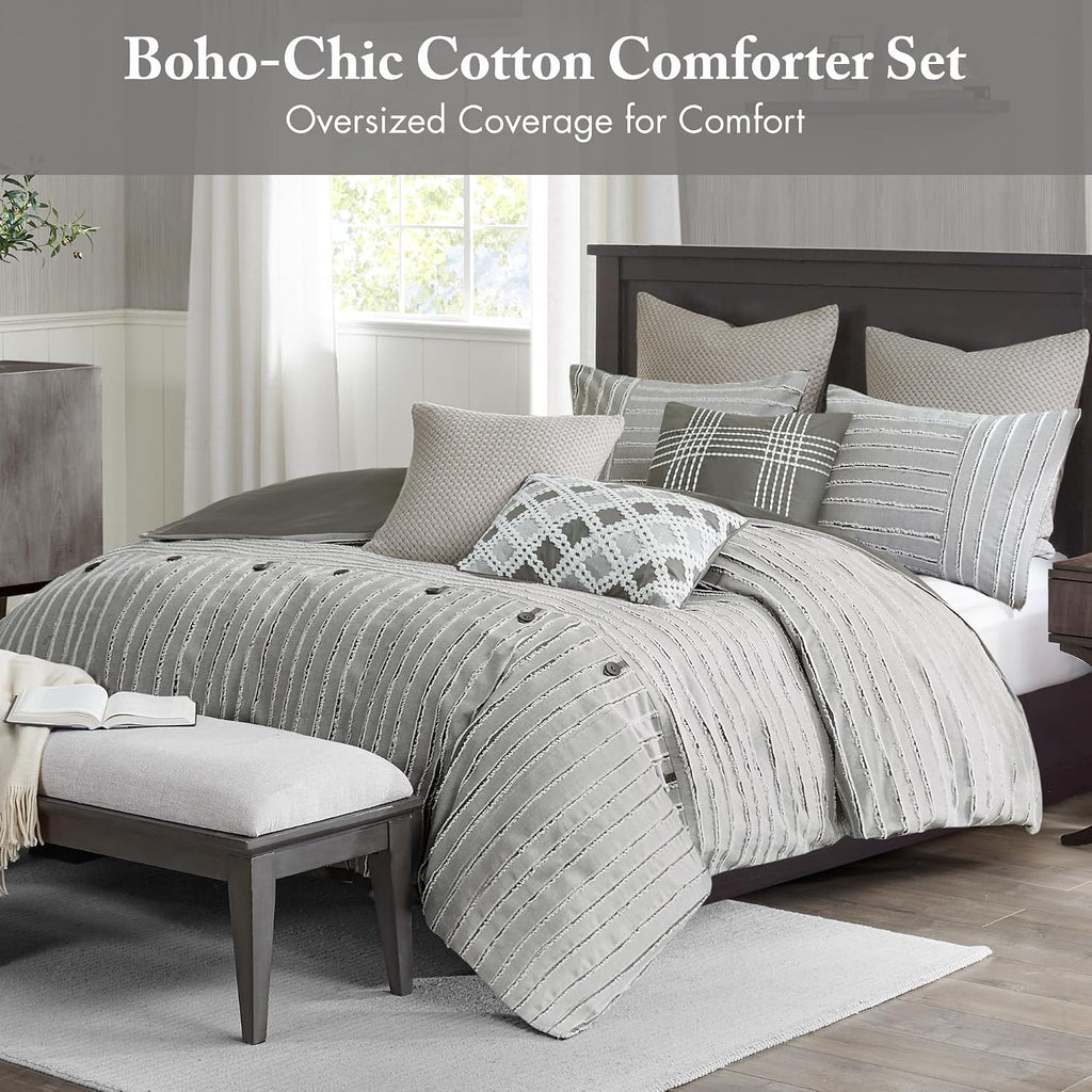 Madison Park Queen Comforter Set, Removable 100% Cotton Duvet Cover Queen Size with Insert, Farmhouse Bedding, Textured Stripe Clipped Jacquard Accent, Queen, Grey 8 Piece