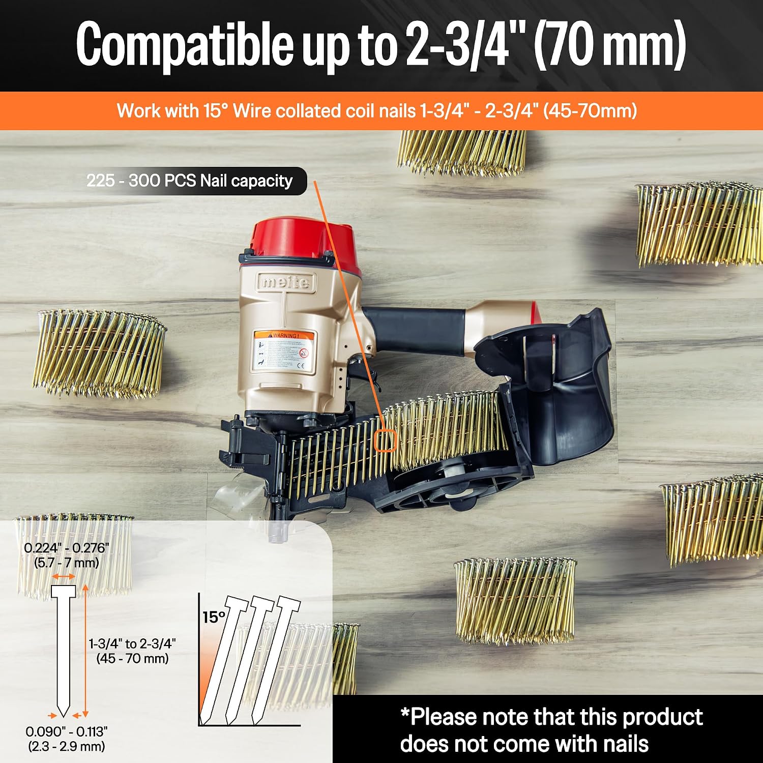 meite CN70B Pneumatic Coil Nailer 15/16 Degree 1-3/4 Inch to 2-3/4 Inch Air Nail Gun, Coil Nail Magazine 300PCS, Heavy Duty Pallet Framing Coil Nailer for Siding Sheathing Wooding Fencing Decking