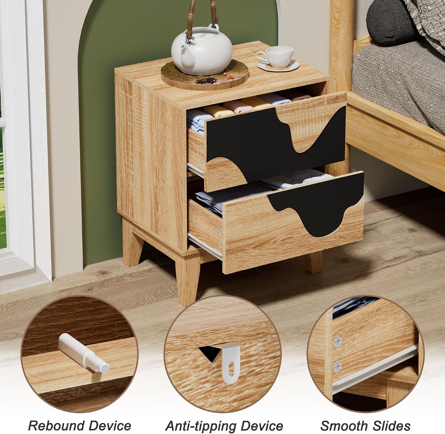 UEV 9-Drawer Dresser & 2 Nightstands Set - 3 Piece Modern Bedroom Furniture Set, 63' Wide Wooden Chest of Drawers with Flowing Water Pattern,2-Drawer Night Stands for Bedroom (Natural/Black