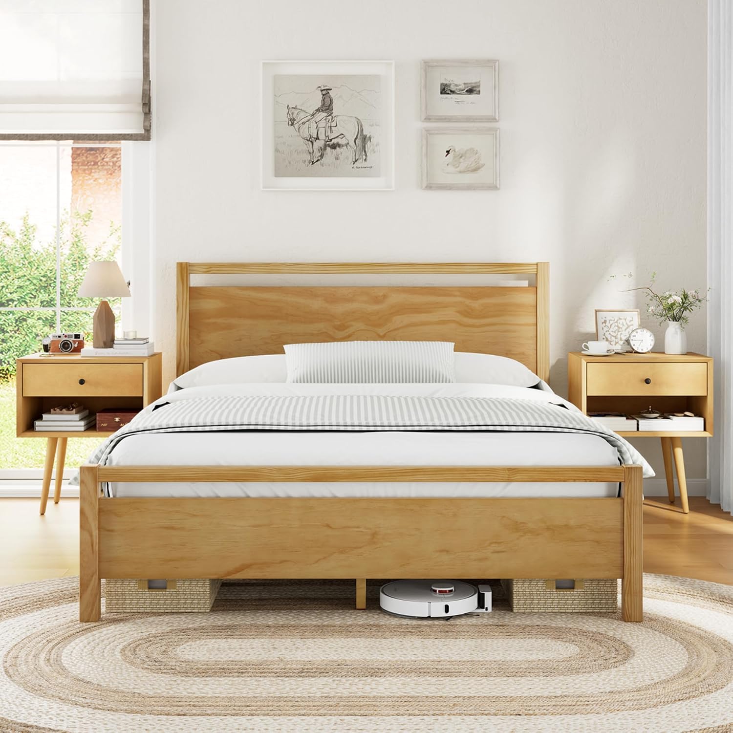 AMERLIFE 3 Pieces Solid Wood Bedroom Set, Full Platform Bed Frame with Headboard and Fully Assembled Nightstand Set of 2 with Storage Drawer, Modern Bedroom Furniture Set, Natural