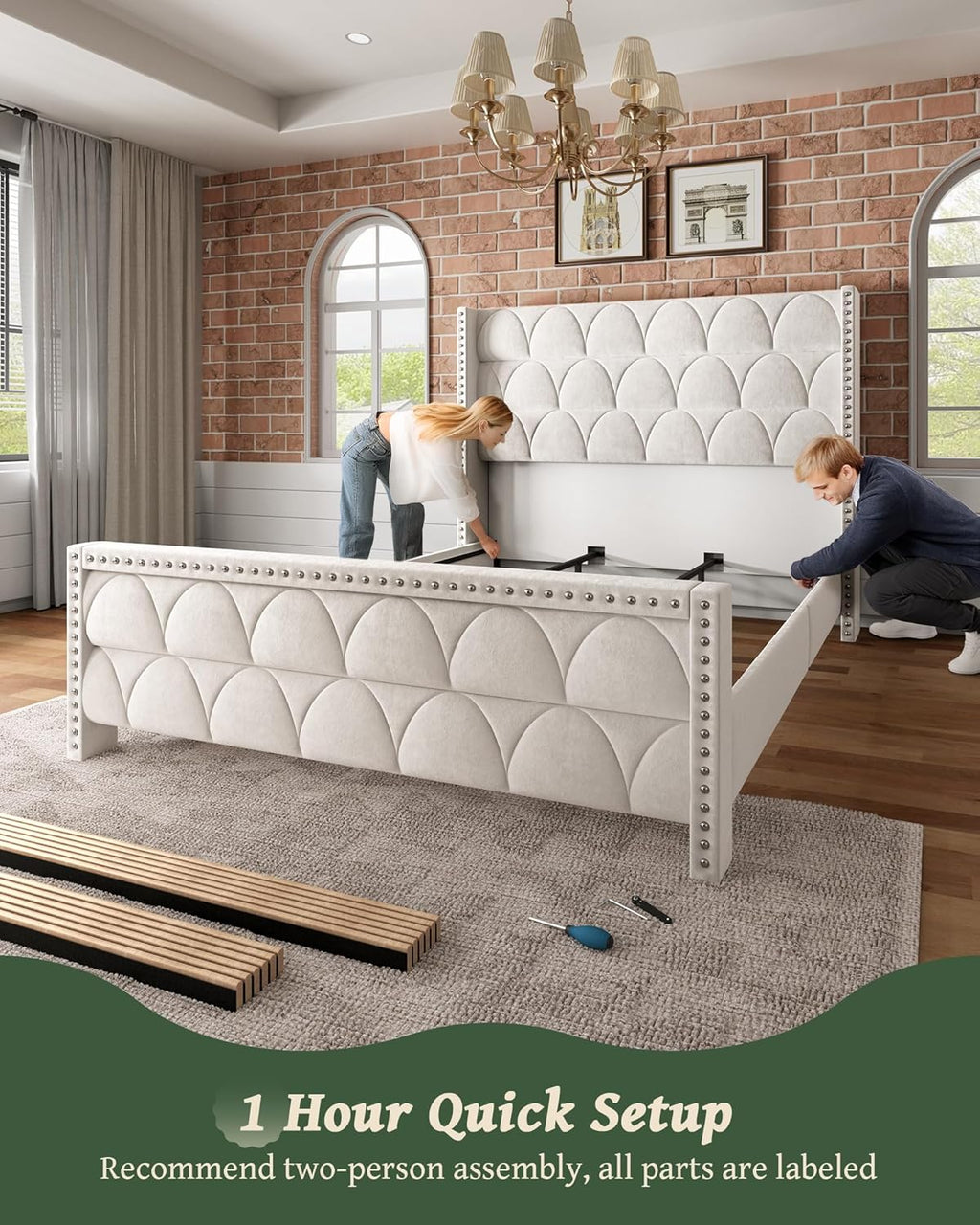 OHOHOLIVE King Size Bed Frame with 56' Headboard - 1000LBS Capacity Support, Velvet Upholstered Wingback Platform Bed Frame, Noise Free, Sturdy Wooden Slat Support