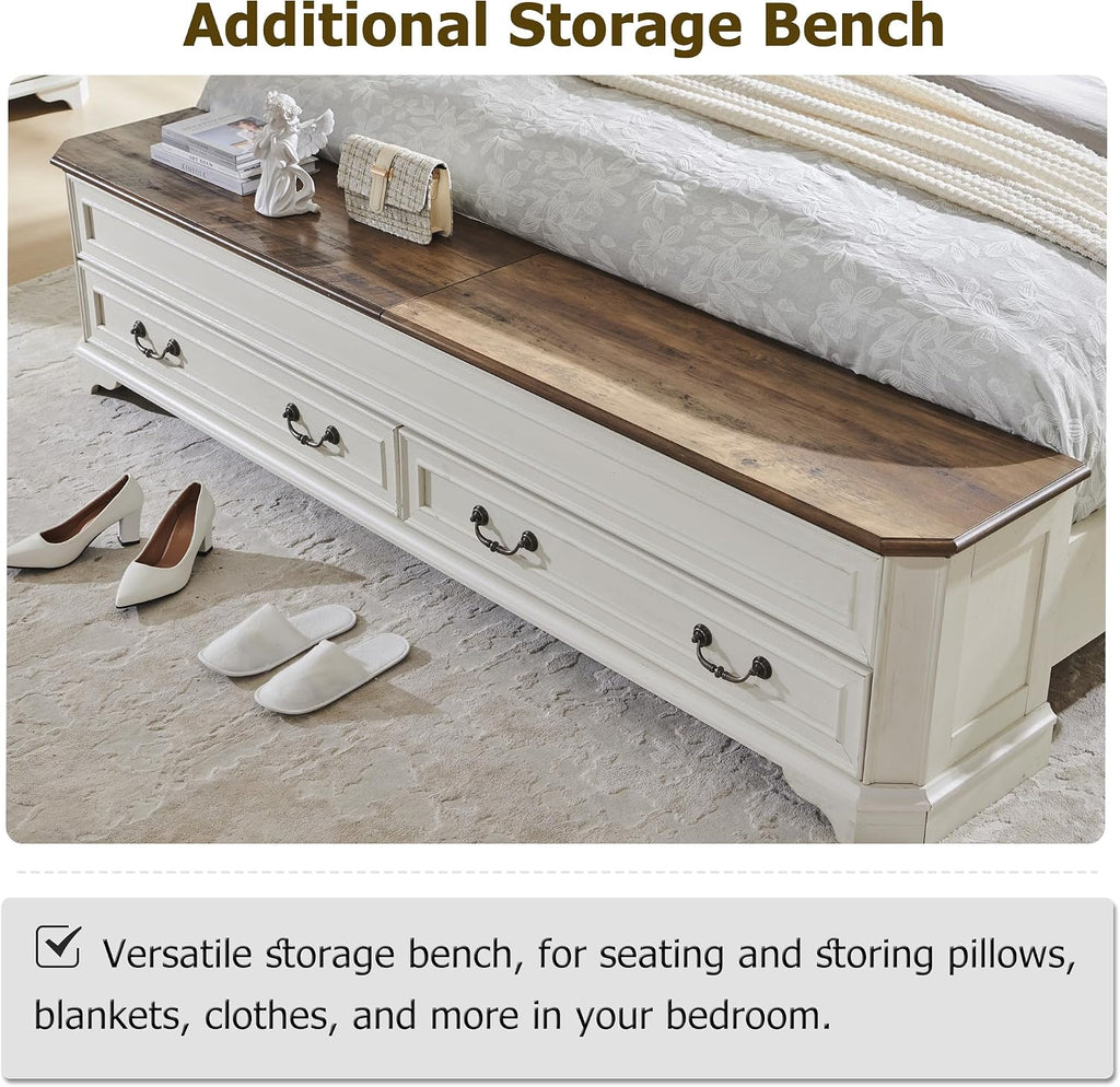 T4TREAM Farmhouse Queen Bed with Headboard and Storage Bench, Rustic Wood Platform Bed with 64' Storage Chest w/ 4 Large Drawer (Antique White)