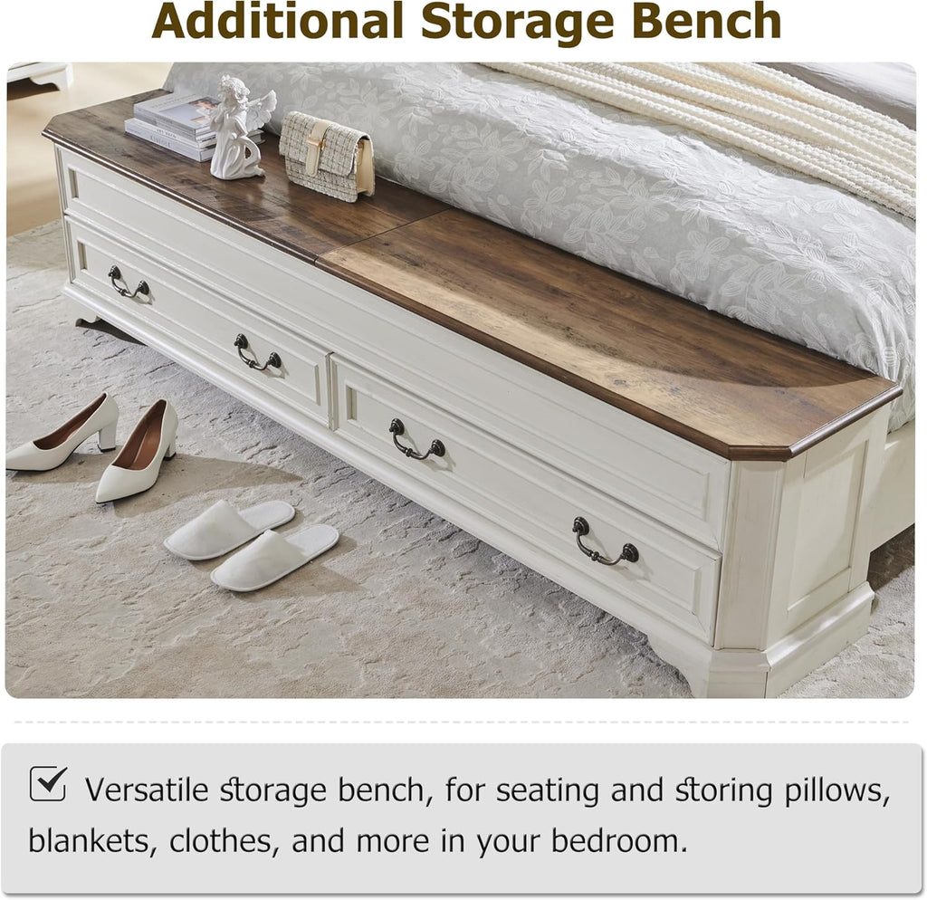 T4TREAM Farmhouse King Bed with Headboard and Storage Bench, Rustic Wood Platform Bed with 80' Storage Chest w/ 4 Large Drawer (Antique White)