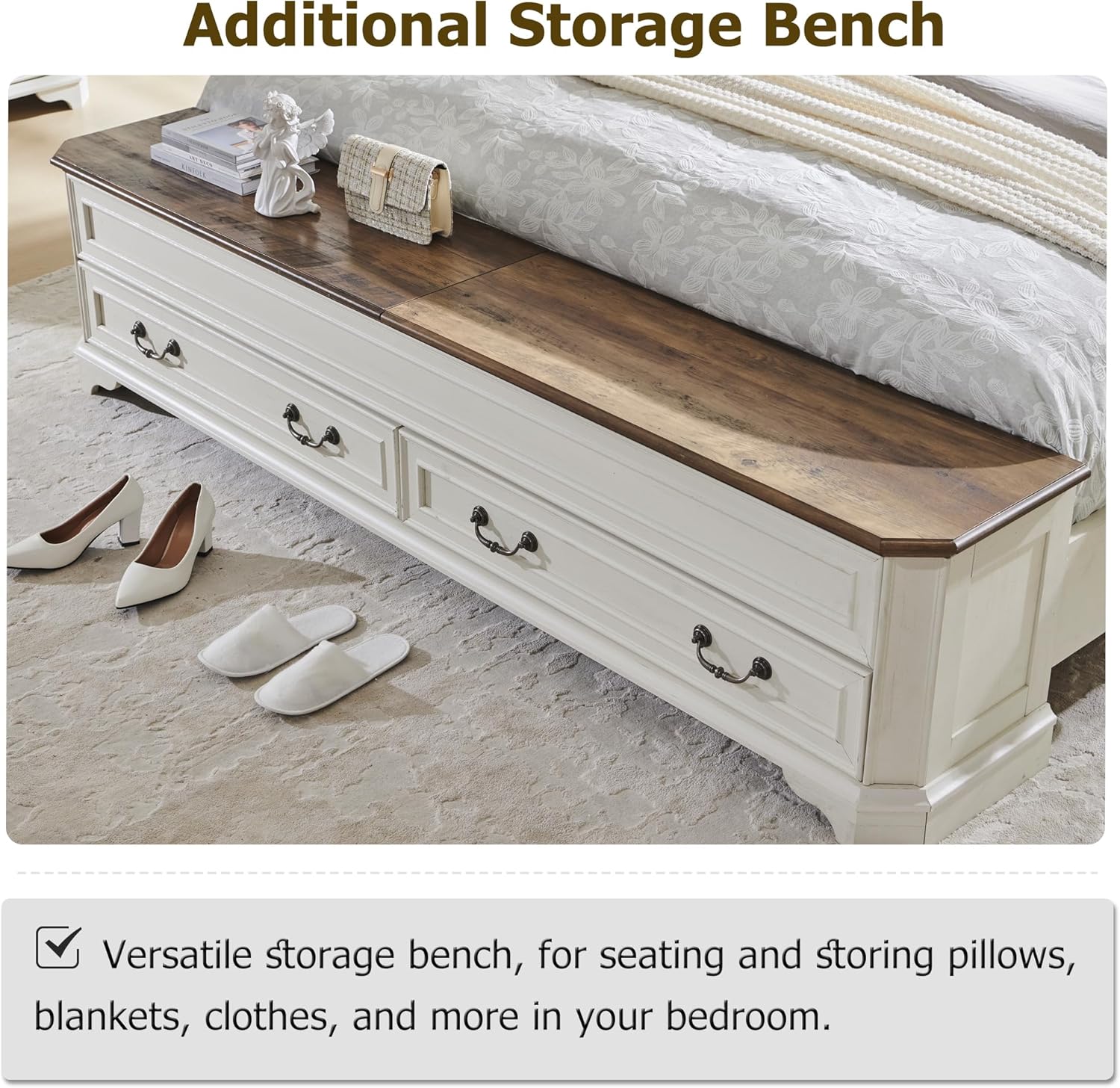 T4TREAM Farmhouse King Bed with Headboard and Storage Bench, Rustic Wood Platform Bed with 80' Storage Chest w/ 4 Large Drawer (Antique White)
