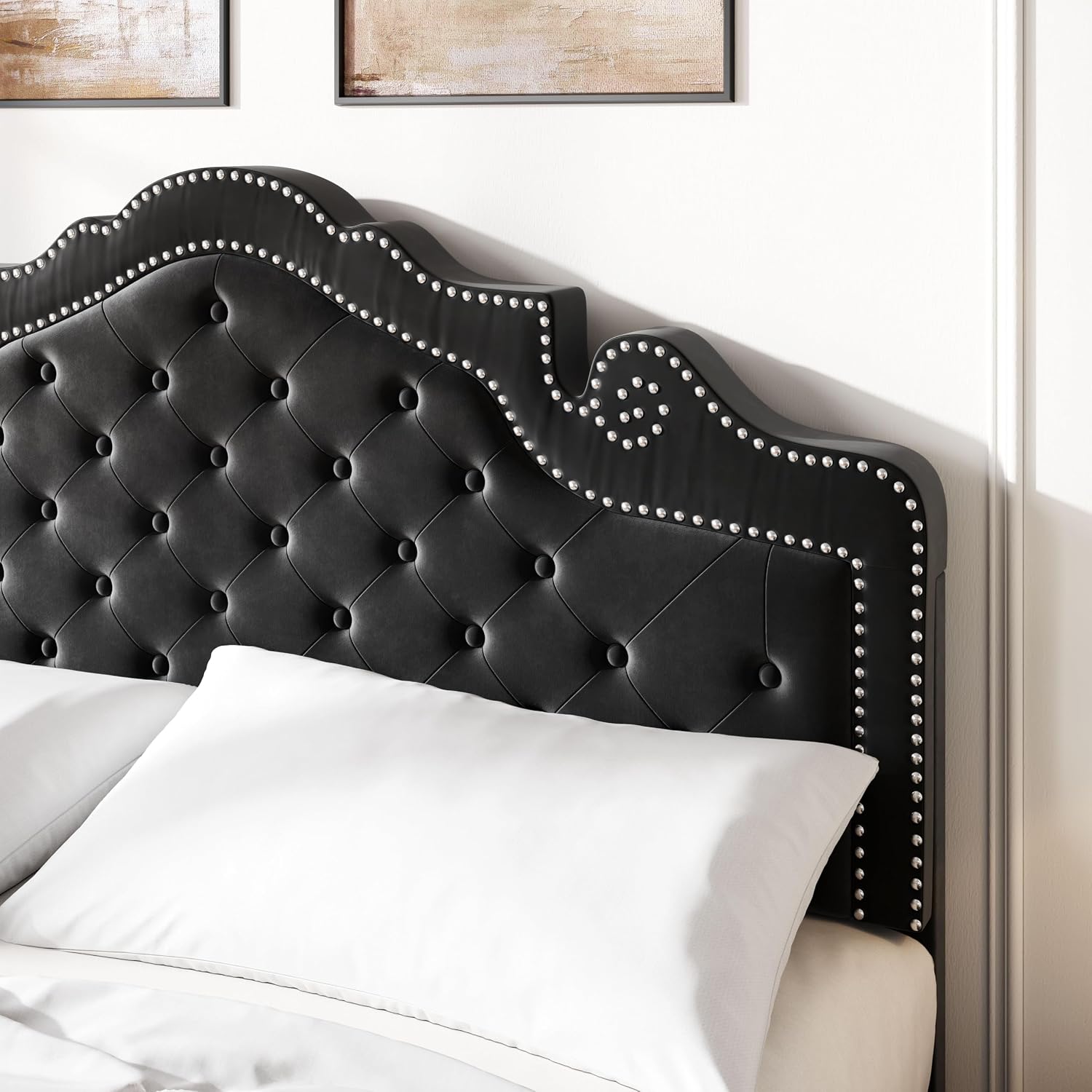 SHA CERLIN Full Size Bed Frame with Adjustable Headboard/Velvet Upholstered/Diamond Button Tufted and Metal Studs/No Box Spring Needed/Wood Slat Support/Easy Assembly/Black