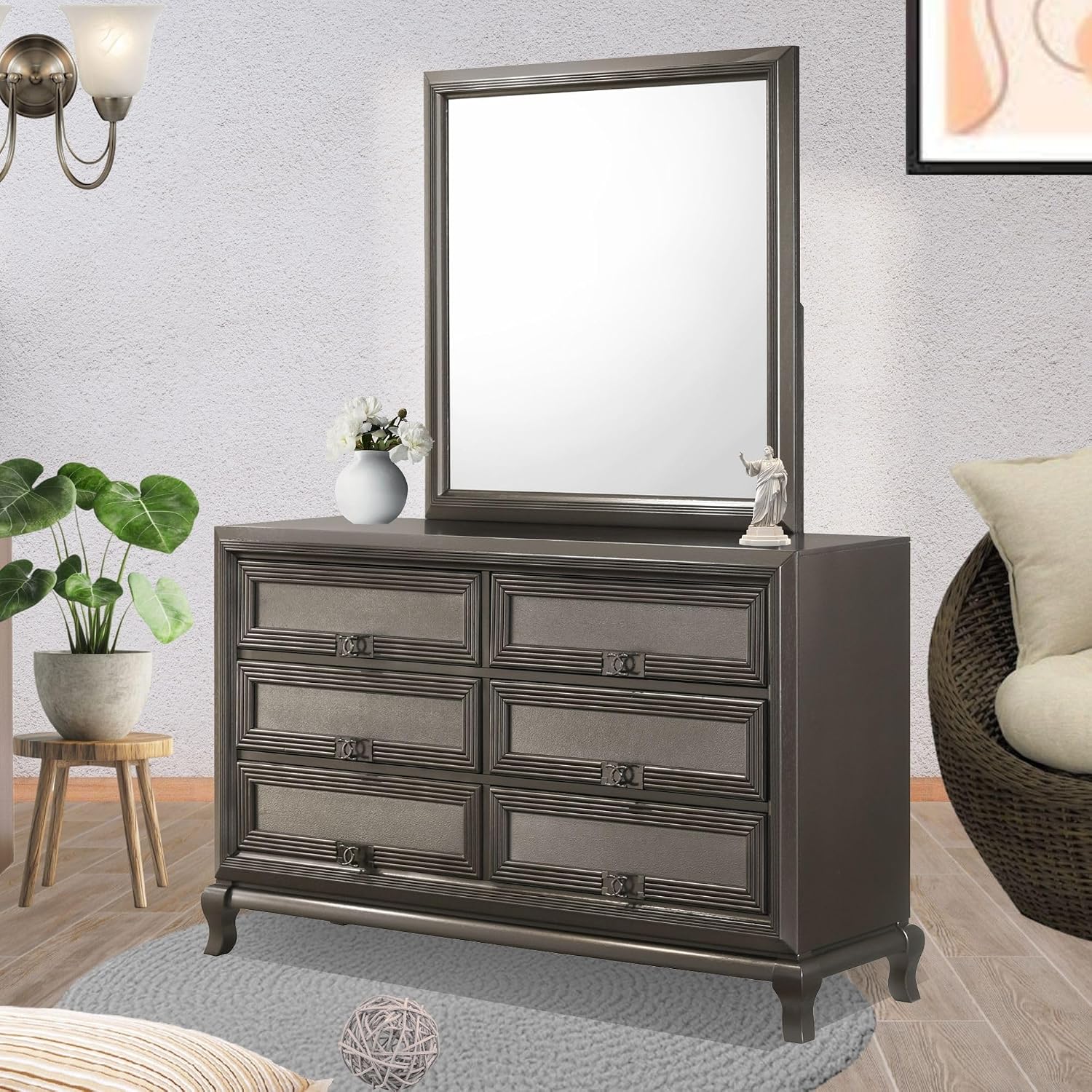 Kings Brand Furniture Tyler 6-Piece Queen Size Bedroom Set - Bed with LED Headboard, Dresser, Mirror, Chest and 2 Nightstands, Metallic Gray
