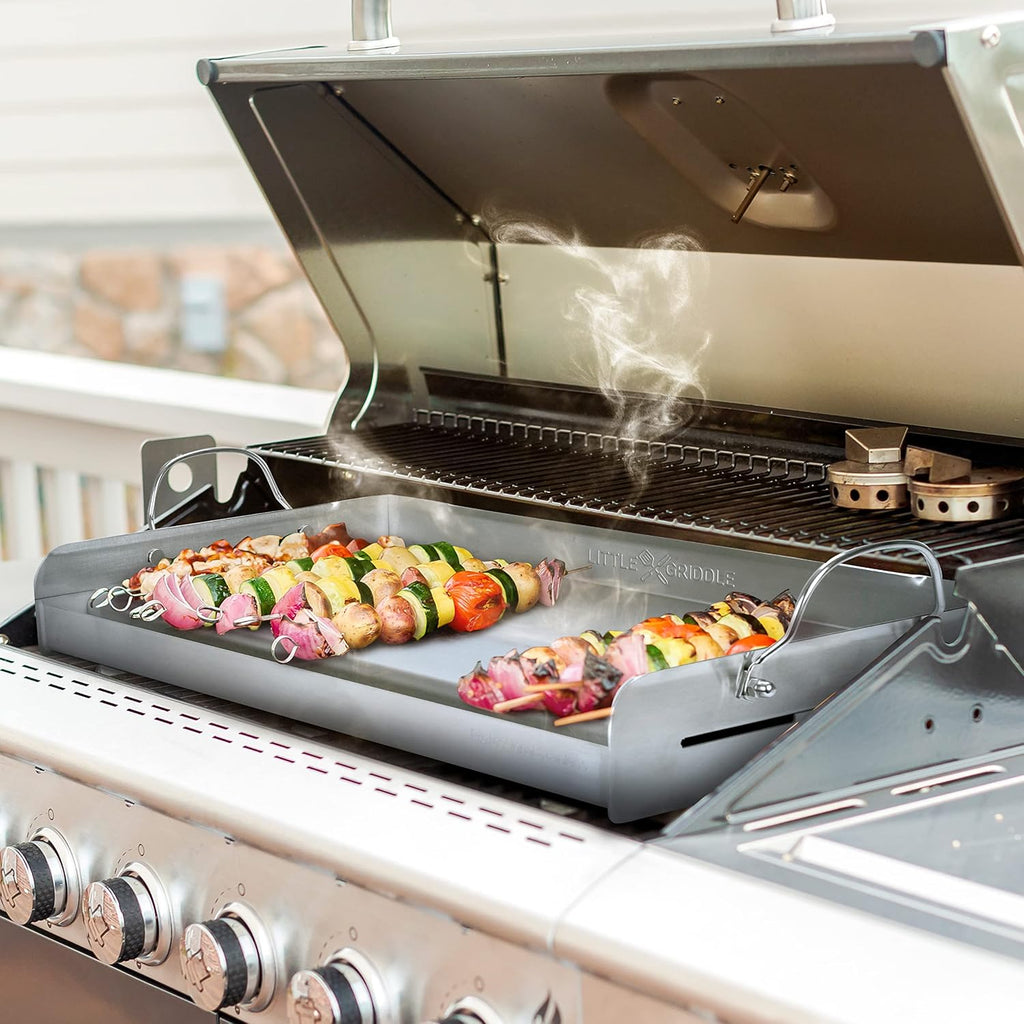 LITTLE GRIDDLE 100% Stainless Steel Griddle with Even Heat Cross Bracing and Removable Handles - For Grills, Camping, Tailgating, Silver, 25' x 16' x 6.5'
