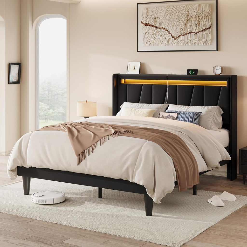 Allewie Full Size LED Bed Frame with Charging Station, Velvet Upholstered Platform Bed with Geometric Wingback Headboard, Modern Frame with No Box Spring Needed, Easy Assembly, Black