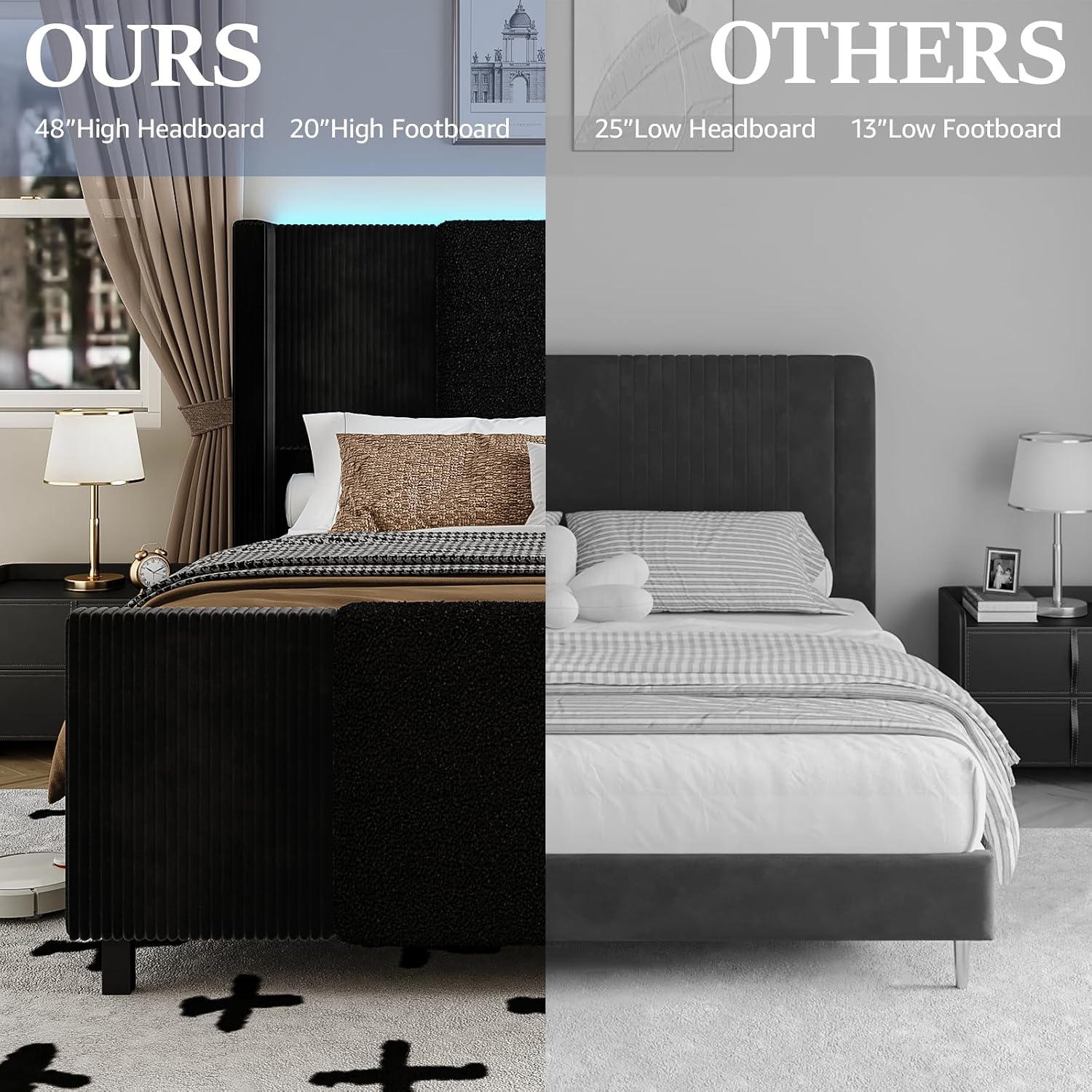 Lihimte Queen Size Bed Frame with Tall Headboard and Footboard, Boucle and Corduroy Upholstered Bed Frame Queen with LED Lights, Modern Platform Bed Frames, Noiseless, Easy Assembly, Black