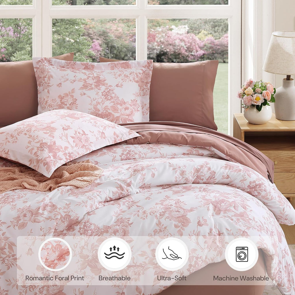 BLOOMHAVEN Oversized King Comforter Set -7 Pieces Floral Rose Bedding Set for All Seasons, Bed in a Bag with Botanical Flowers Comforter, Sheets, Pillowcases & Shams