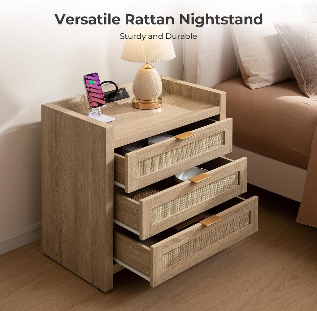 SICOTAS Rattan Nightstand Bedside Table - Larger Night Stand with Type-C Charging Station, 3 Drawers Storage - Boho Night Stands End Table for Bedroom - Light Oak