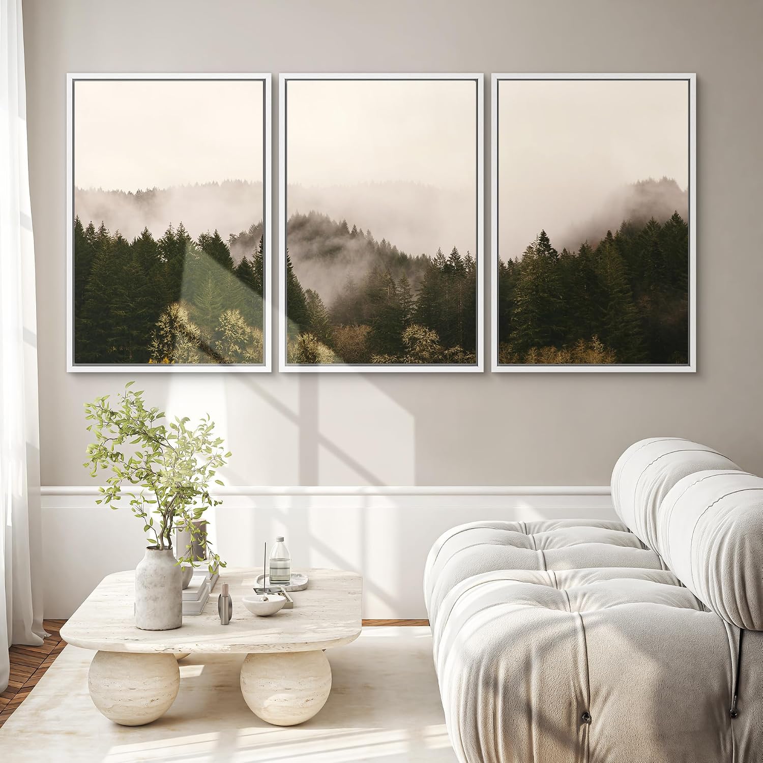 SIGNWIN 3 Piece Framed Canvas Wall Art Brown Foggy Mountains Nature Wilderness Photography Abstract Rustic Canvas Prints Home Artwork Decoration for Living Room,Bedroom - 16'x24'x3 White