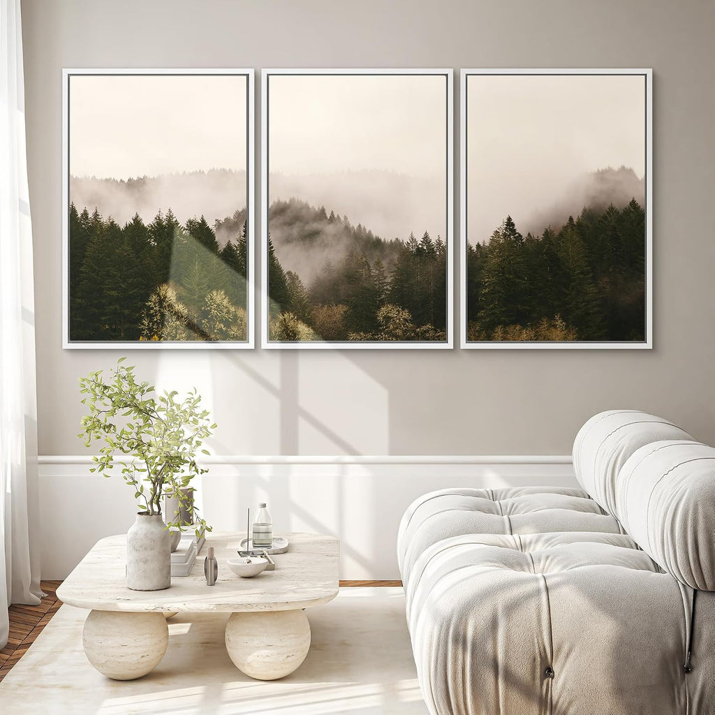 SIGNWIN 3 Piece Framed Canvas Wall Art Brown Foggy Mountains Nature Wilderness Photography Abstract Rustic Canvas Prints Home Artwork Decoration for Living Room,Bedroom - 24'x36'x3 White