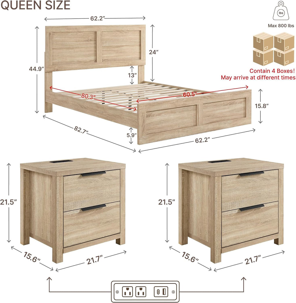 KISLOT 3 Pieces Bedroom Set, Queen Size Wood Platform Bed Frame and 2 Nightstands, Storage Nightstand with Type-C Charging Port, Farmhouse Bedroom Furniture Set