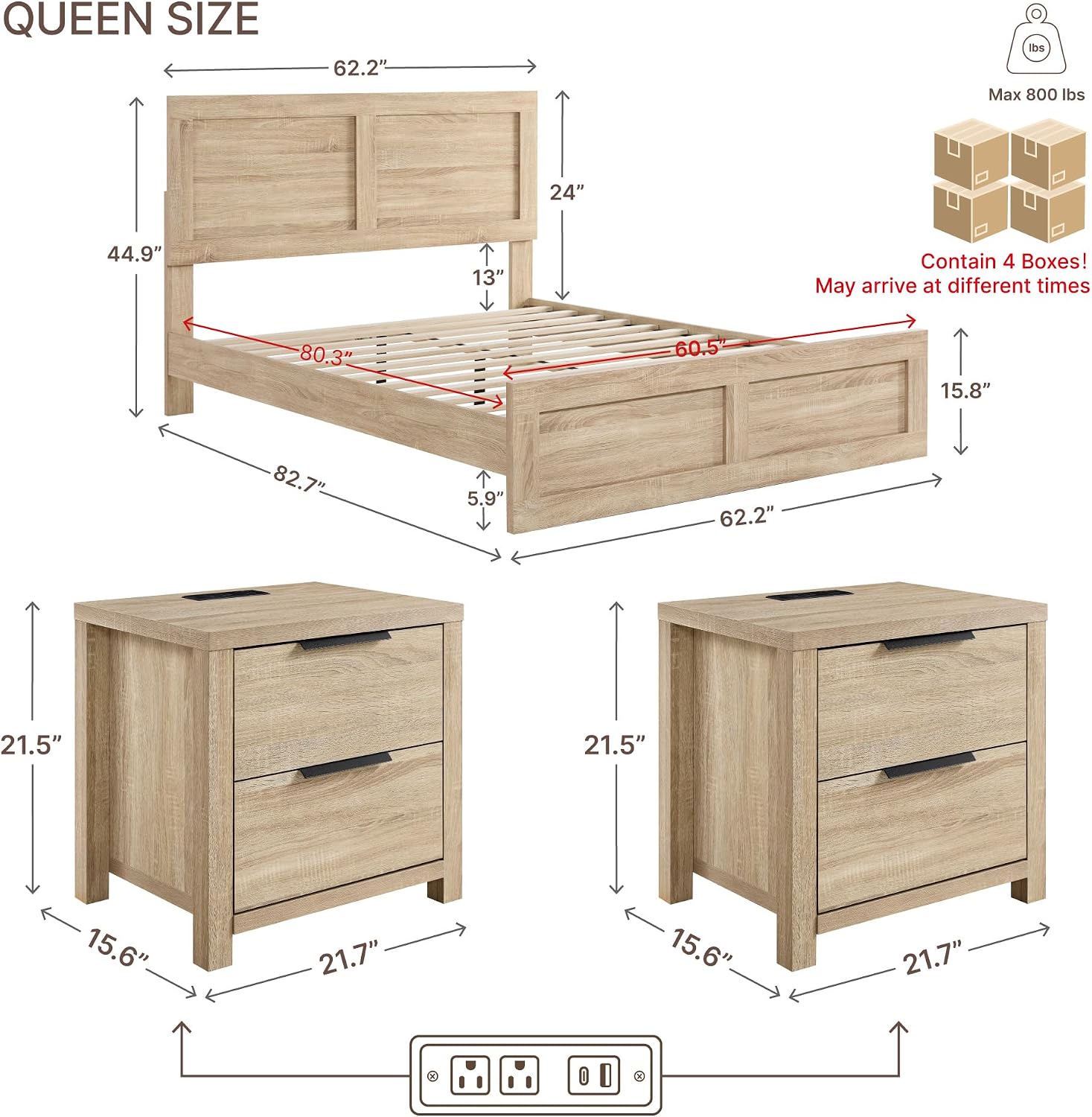 KISLOT 3 Pieces Bedroom Set, Queen Size Wood Platform Bed Frame and 2 Nightstands, Storage Nightstand with Type-C Charging Port, Farmhouse Bedroom Furniture Set
