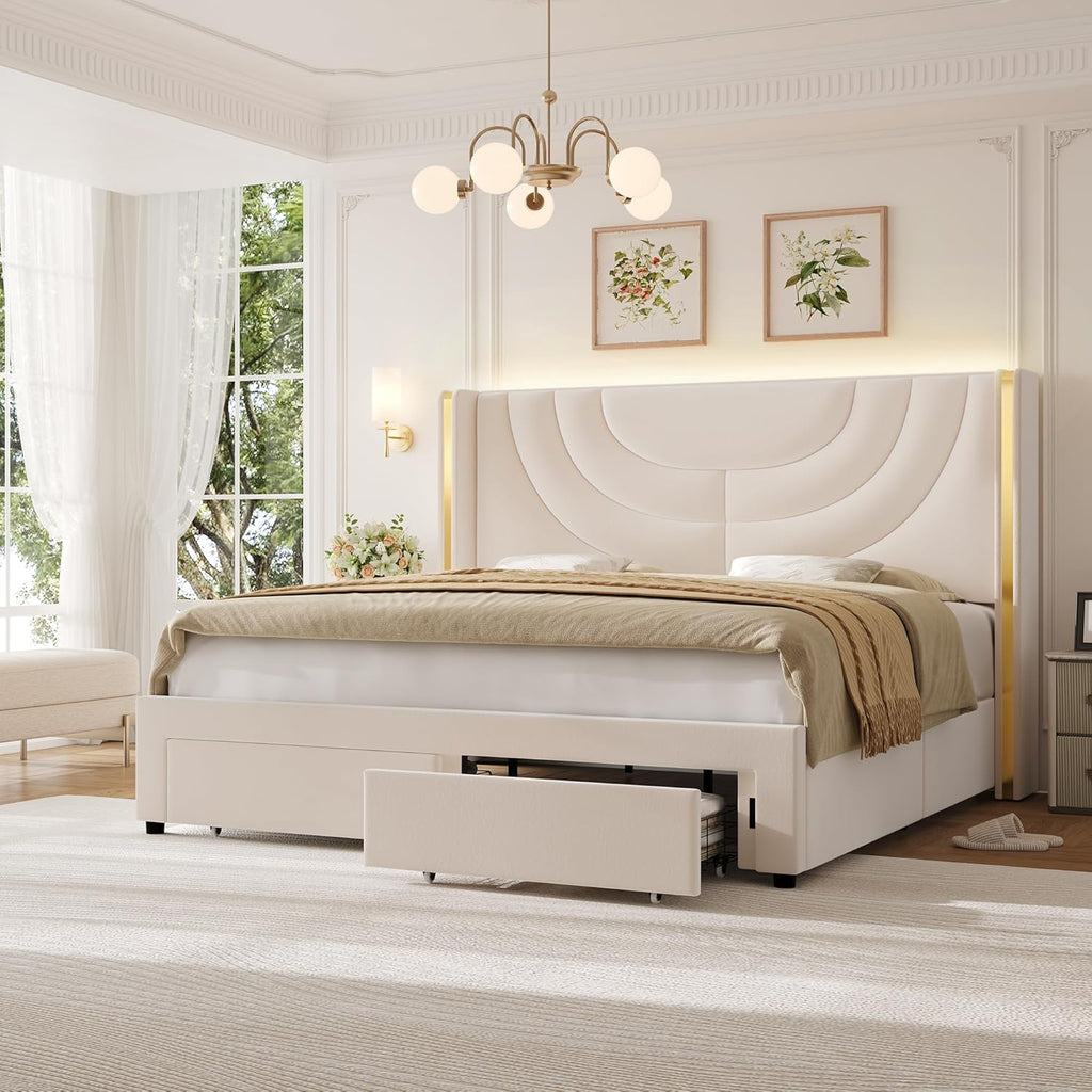 HITHOS Full Upholstered LED Bed Frame with 2 Storage Drawers, Velvet Platform Bed with Wingback Headboard, Solid Wooden Slats Support, No Box Spring Needed, Headboard Splicing Design, Beige