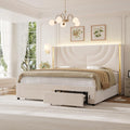 HITHOS Full Upholstered LED Bed Frame with 2 Storage Drawers, Velvet Platform Bed with Wingback Headboard, Solid Wooden Slats Support, No Box Spring Needed, Headboard Splicing Design, Beige