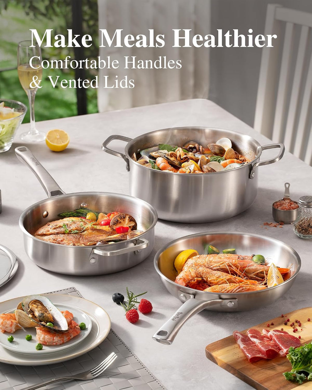 Stainless Steel Cookware Set,Tir-Ply Pots and Pans Set,10 Pcs Stainless Steel Induction Kitchen Cookware Sets,PFOA Free, Frying Pans, Butter warmer,Saute Pan & Stock Pot,Compatible with All Cooktops