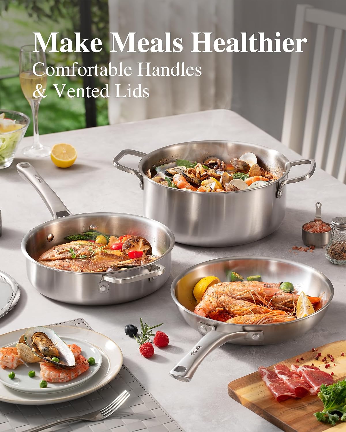 Stainless Steel Cookware Set,Tir-Ply Pots and Pans Set,10 Pcs Stainless Steel Induction Kitchen Cookware Sets,PFOA Free, Frying Pans, Butter warmer,Saute Pan & Stock Pot,Compatible with All Cooktops