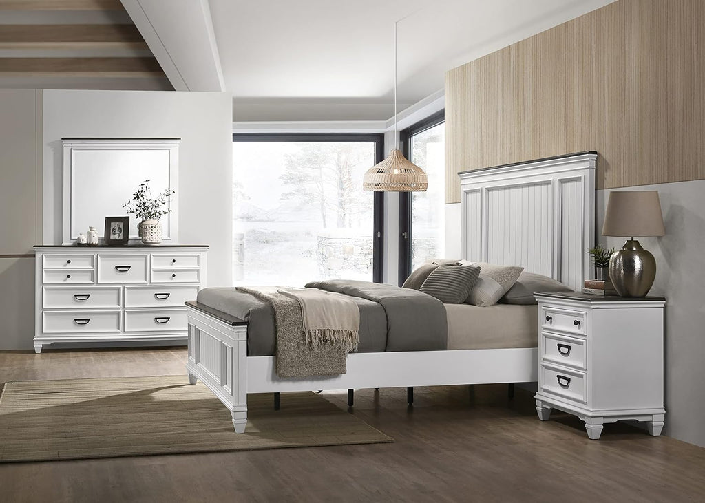 Clelane Wood Bedroom Set with Shiplap Panel King Bed, Dresser, Mirror, and Nightstand in Weathered White and Dark Gray
