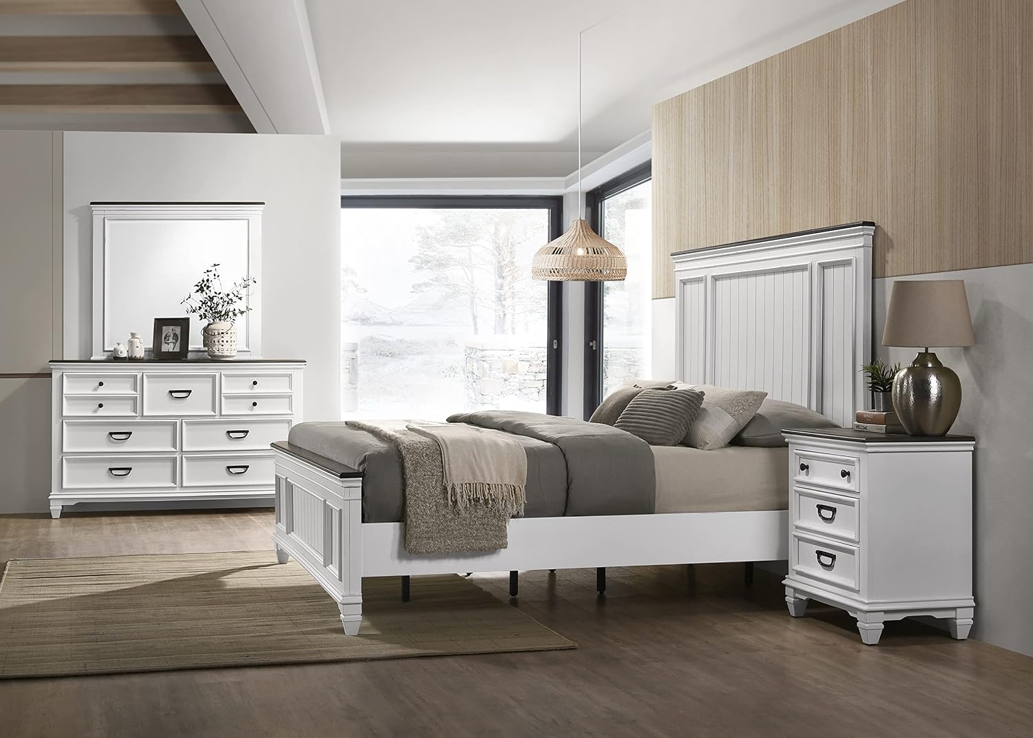 Clelane Wood Bedroom Set with Shiplap Panel King Bed, Dresser, Mirror, and Nightstand in Weathered White and Dark Gray