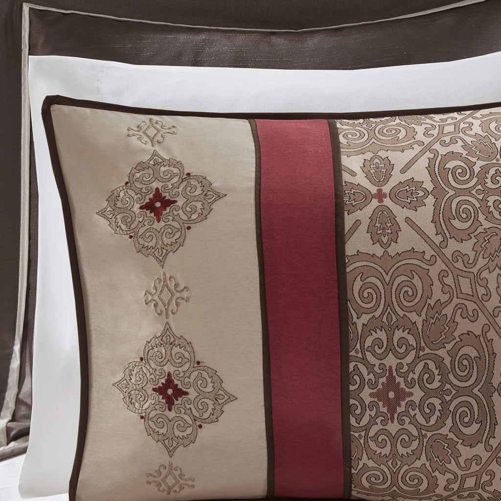 Madison Park Essentials Delaney 24-Piece Room In A Bag Comforter Set-Satin Jacquard, All Season Luxury Bedding, Sheets, decorative pillows and Curtains, Valance, Cal King(104'x92'), Medallion Red