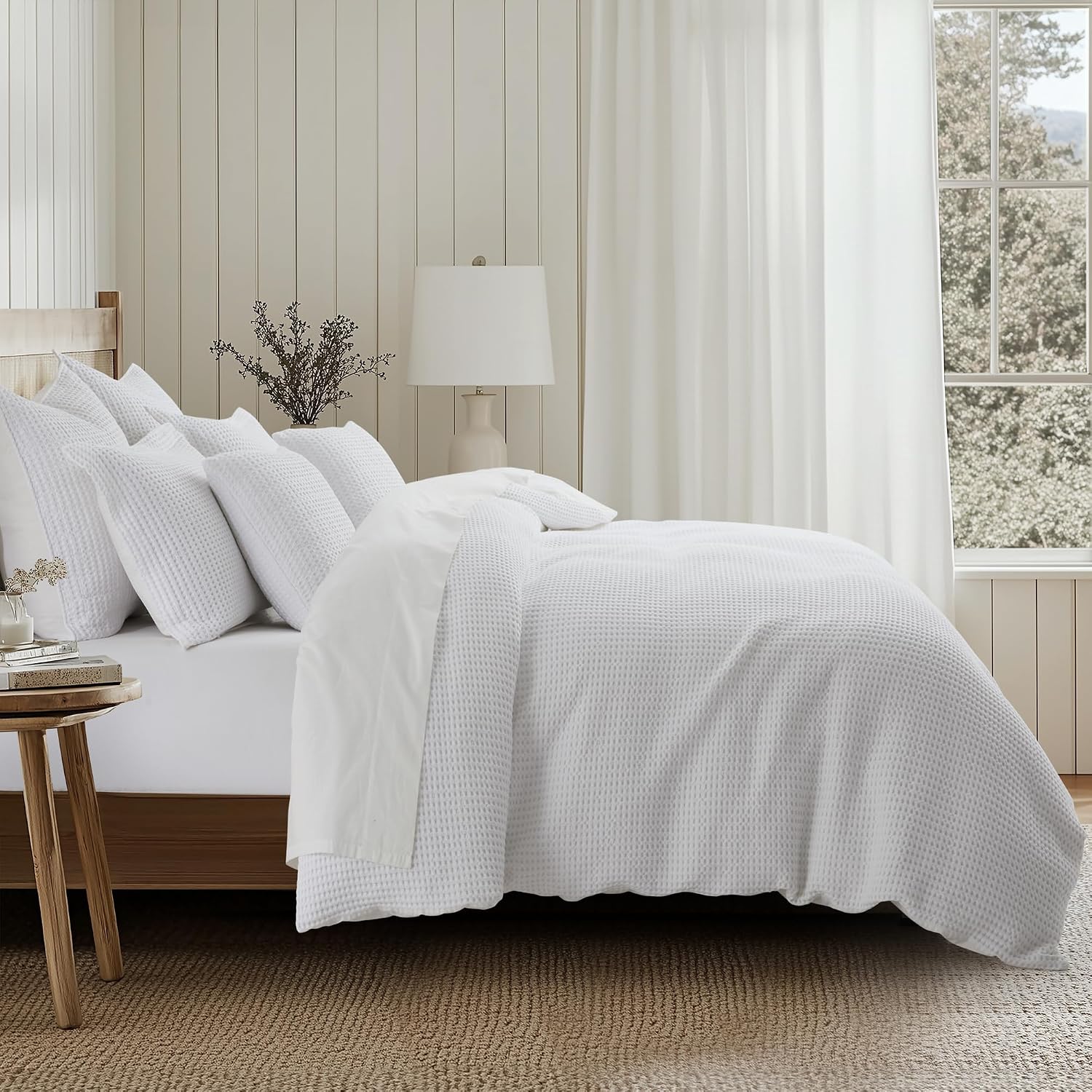 Levtex Home Mills Waffle Queen Duvet Cover Set (90x94in) with 2 Pillow Shams (26x20in) - Bright White - 100% Cotton Queen Size Duvet Cover Set - Soft, Pre-Washed