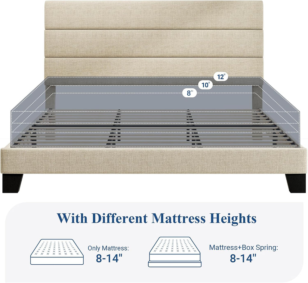 Allewie King Size Platform Bed Frame with Fabric Upholstered Headboard and Wooden Slats Support, Fully Upholstered Mattress Foundation/No Box Spring Needed/Easy Assembly, Beige