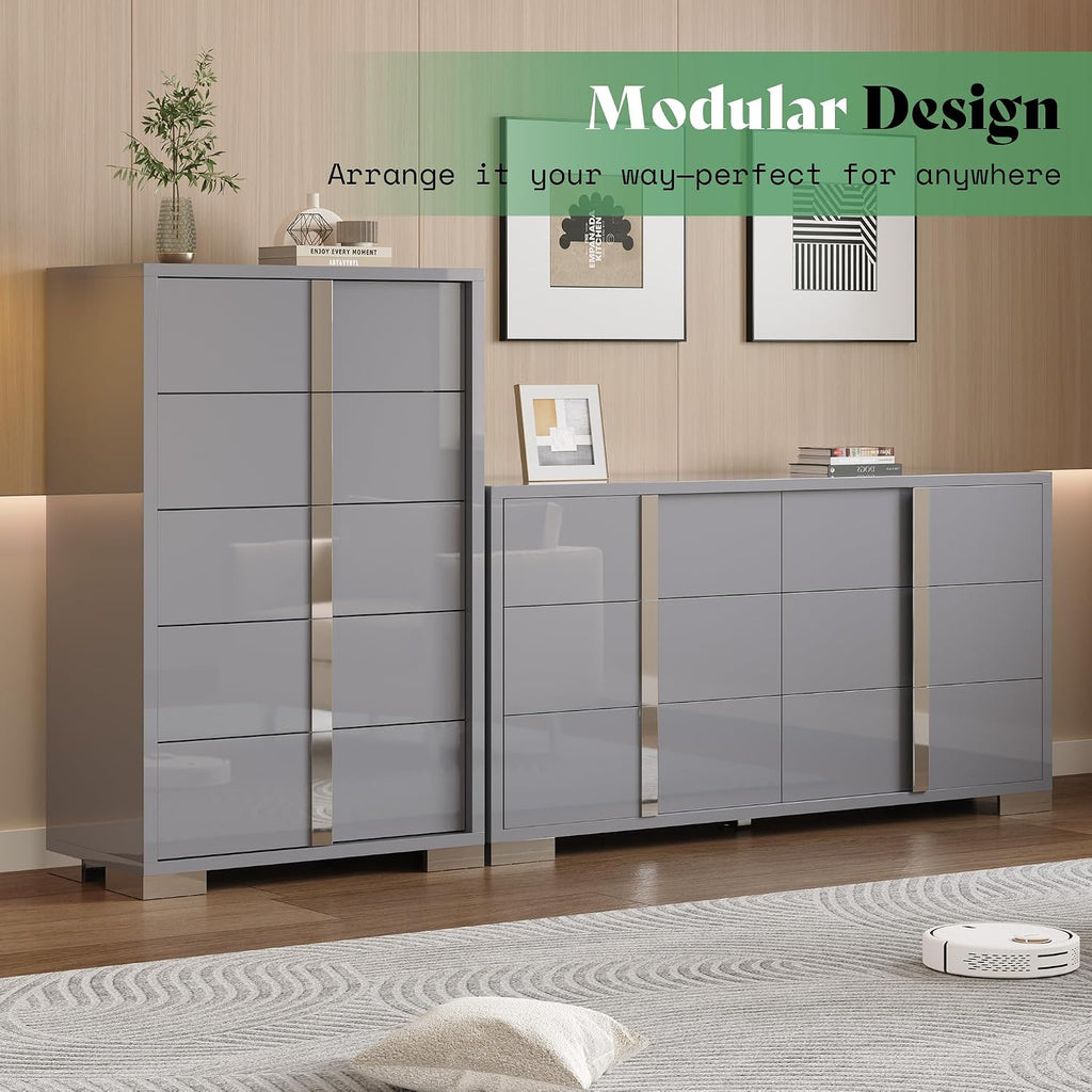 AMERLIFE 5-Piece Modern Bedroom Sets with Queen Size Upholstered Platform Bed Frame, 58' Wingback Headboard, Spacious 6-Drawer Dresser, Tall Chest, and 2 Coordinated Nightstands, Black and Grey