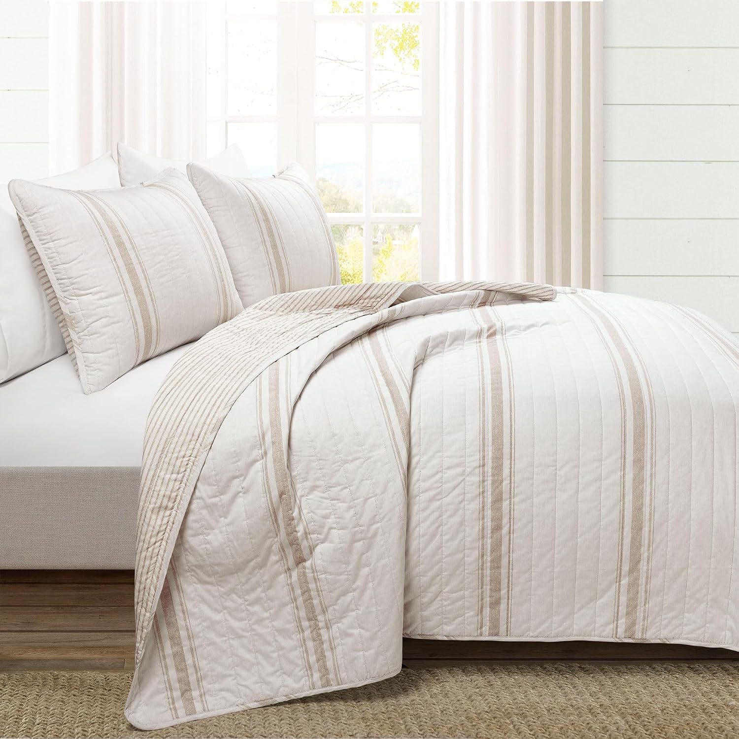 Lush Decor Farmhouse Stripe Reversible Cotton Quilt Queen Size 3 Piece Set Full/Queen Neutral - Farmhouse Bedding Set Queen Quilt - Striped Bedding