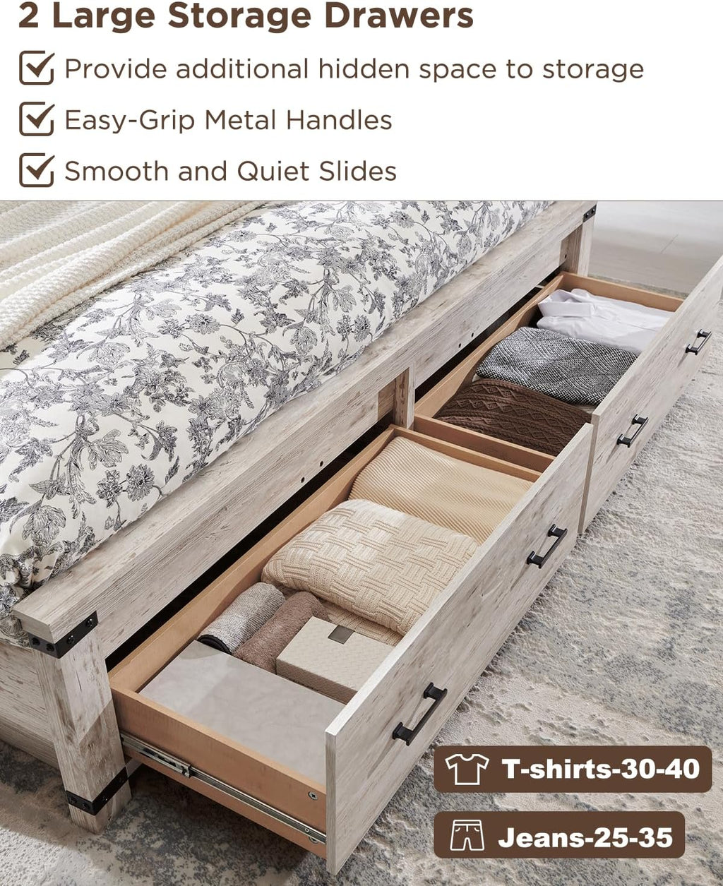 RedLemon Farmhouse Queen Size Wood Bed Frame with 54' Tall Geometric Headboard, 2 Large Storage Drawers, Solid Wood Slats Support, Noise Free, No Box Spring Needed, Antique Brush White