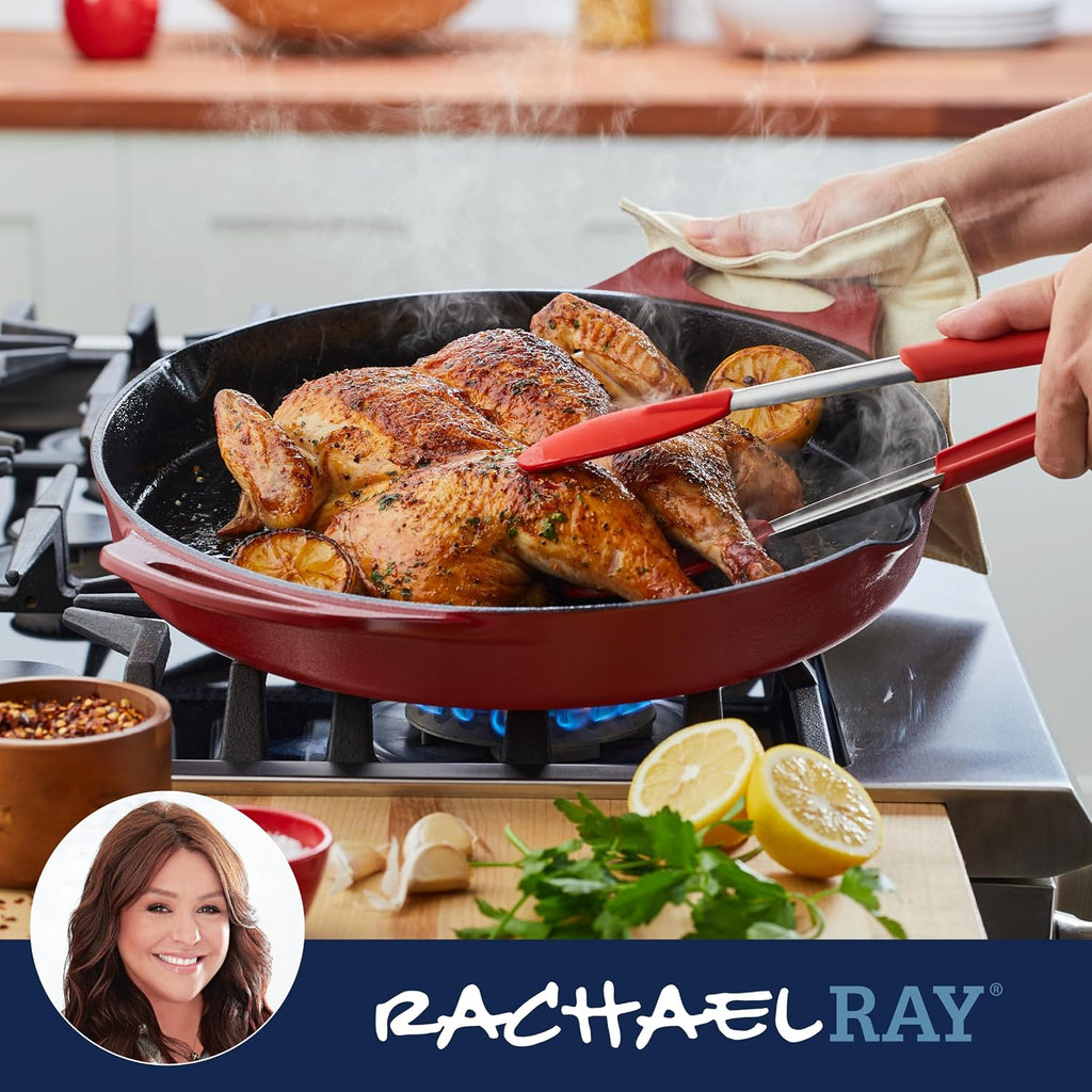 Rachael Ray Nitro Cast Iron Skillet with Side Handles, 14 Inch, Red