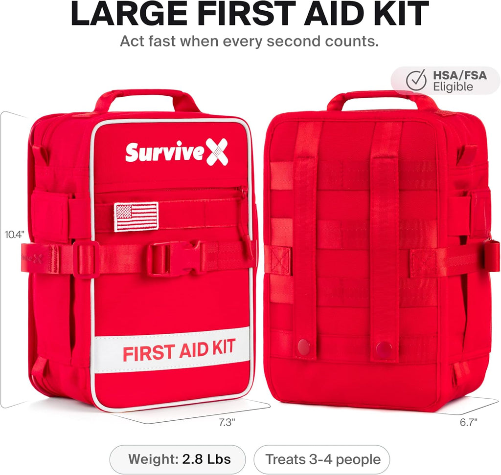 SurviveX Large First Aid Kit for Car, Travel & Home - Emergency Kit for Hiking, Camping, Backpacking and Outdoors - Includes Zip Stitch Wound Closure Strips