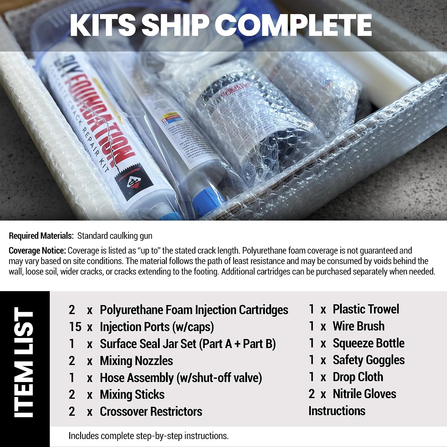RadonSeal Complete DIY Foundation Crack Repair Kit - 10 Ft - Low-Viscosity Urethane Injection Sealant for Crawl Spaces & Concrete Basement Walls, Stops Water Leaks, Drill-Free Filler
