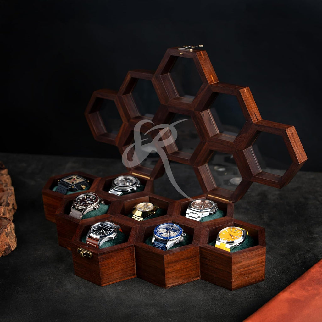 Watch Box for Men, Eight Slot Watch Display Case Mens Watch Box Organizer, Dark Rosewood Watch Case for Mens Valentines Gift Watch Case for precious timepiece with Glass Lid, Luxury Watch Organzer