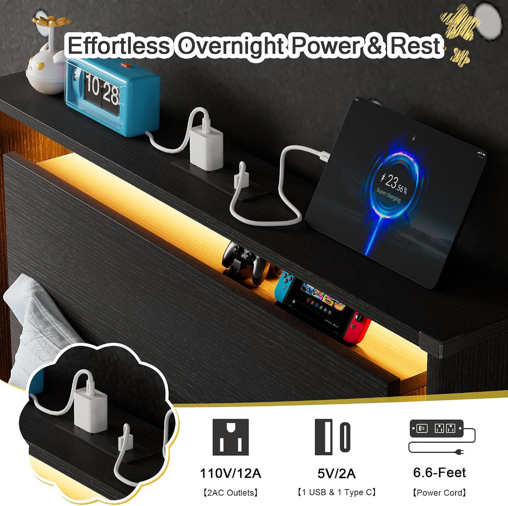 Einhomn Twin Bed Frames with LED Lights and Charging Station - Wood Floating Bed Frame with Storage Headboard, Adhesive Slats, Kick-Free & Noise-Free Design, Easy Assembly, Black