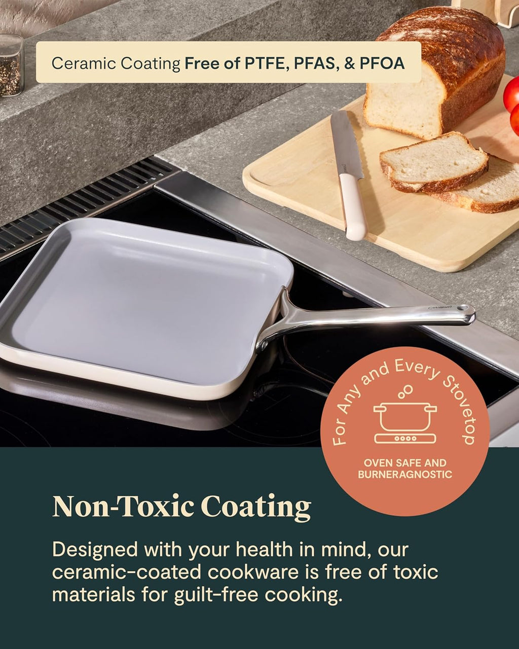Caraway Square Griddle Pan - 11' Square Pan - Non-Stick Ceramic Coated - Non Toxic, PTFE & PFOA Free - Oven Safe & Compatible with All Stovetops - Sage