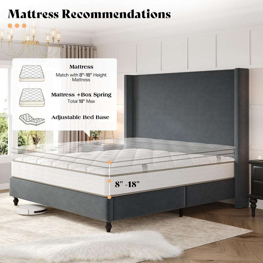 AMERLIFE King Size Bed Frame with 65' Tall Headboard, Upholstered Corduroy Bed Frame with Wingback, Platform Bed with Solid Wood Gourd Legs, Solid Slats, No Box Spring Needed, Dark Grey
