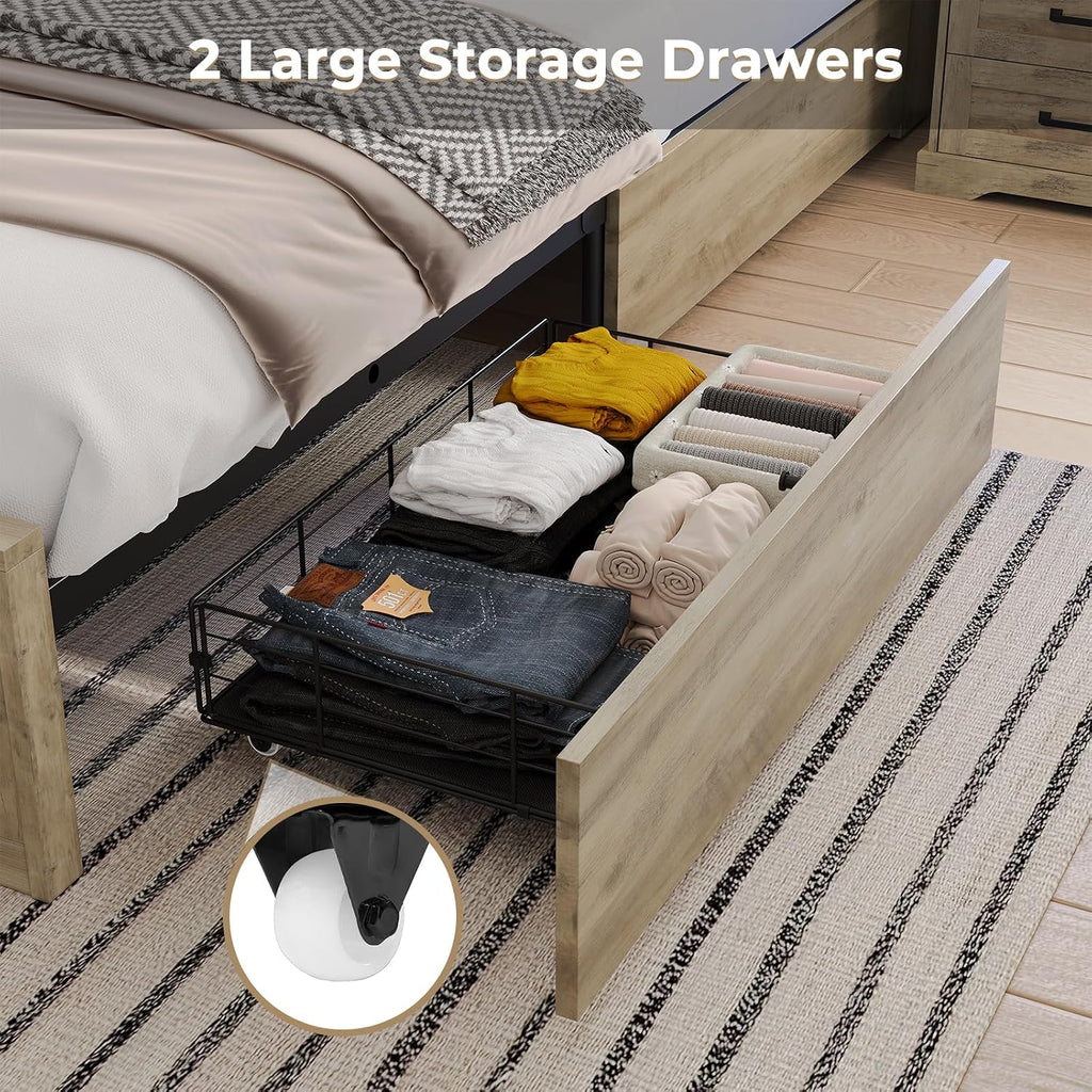 Hasuit Farmhouse Bed Frame California King Size with Storage Bookcase Headboard, Wooden Cal King Bed with LED Lights, Charging Station, 2 Drawers, Country Rustic Bed Frame with Sliding Barn Door